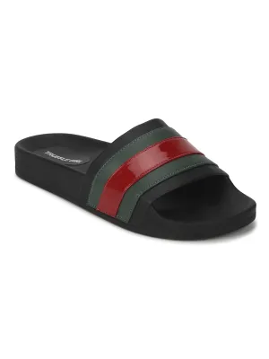 Schwarze PU-Slipper mit grün-roten Streifen