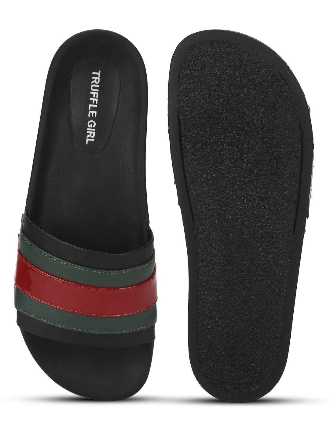 Schwarze PU-Slipper mit grün-roten Streifen