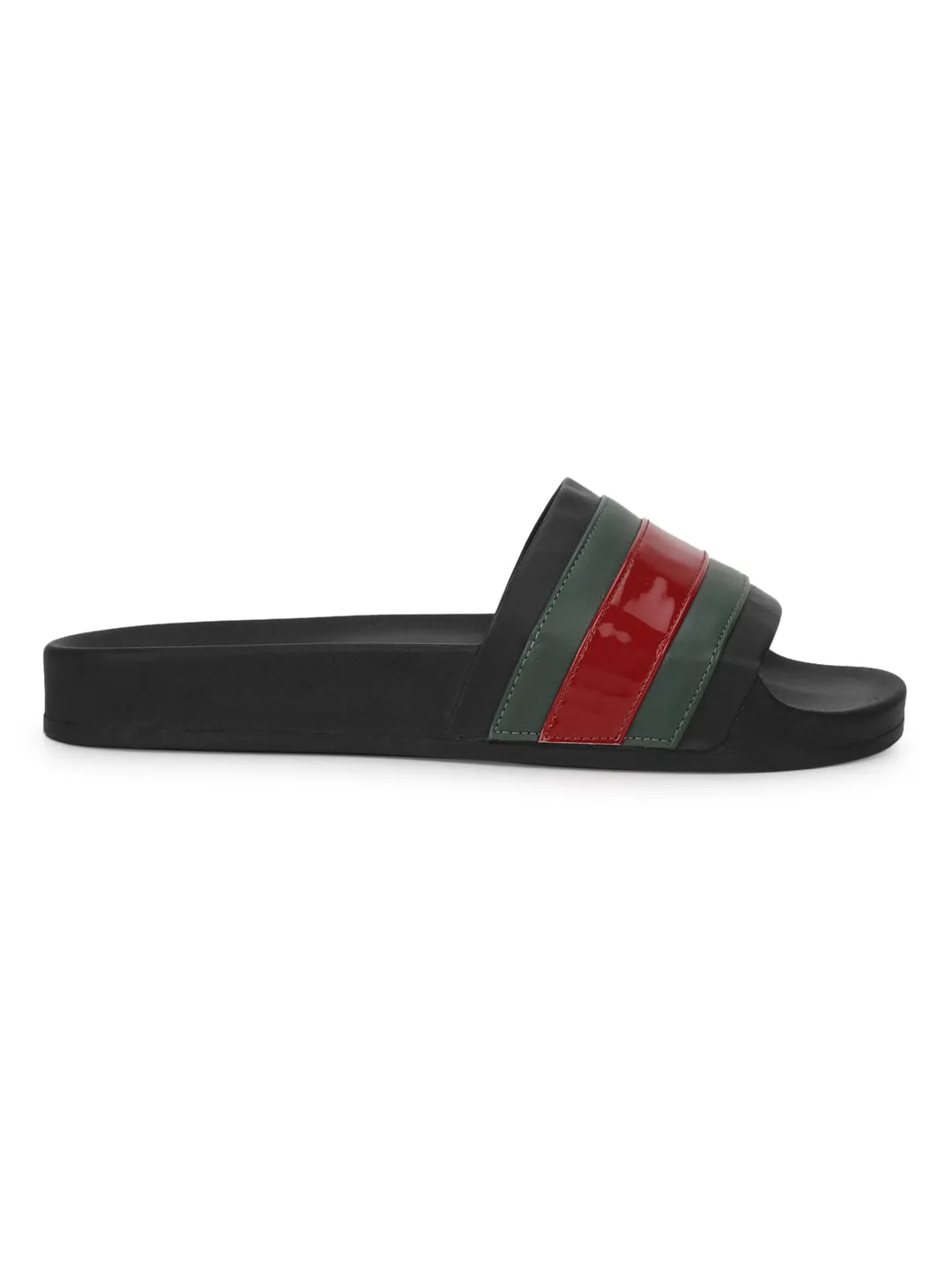 Schwarze PU-Slipper mit grün-roten Streifen