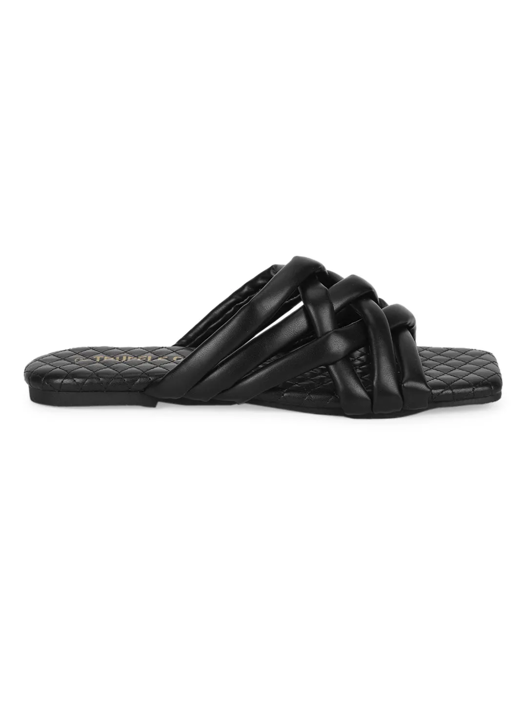 Schwarze PU-Slipper mit Riemchen und gesteppter Sohle (TC-ST-1213-BLK)