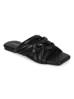 Schwarze PU-Slipper mit Riemchen und gesteppter Sohle (TC-ST-1213-BLK)