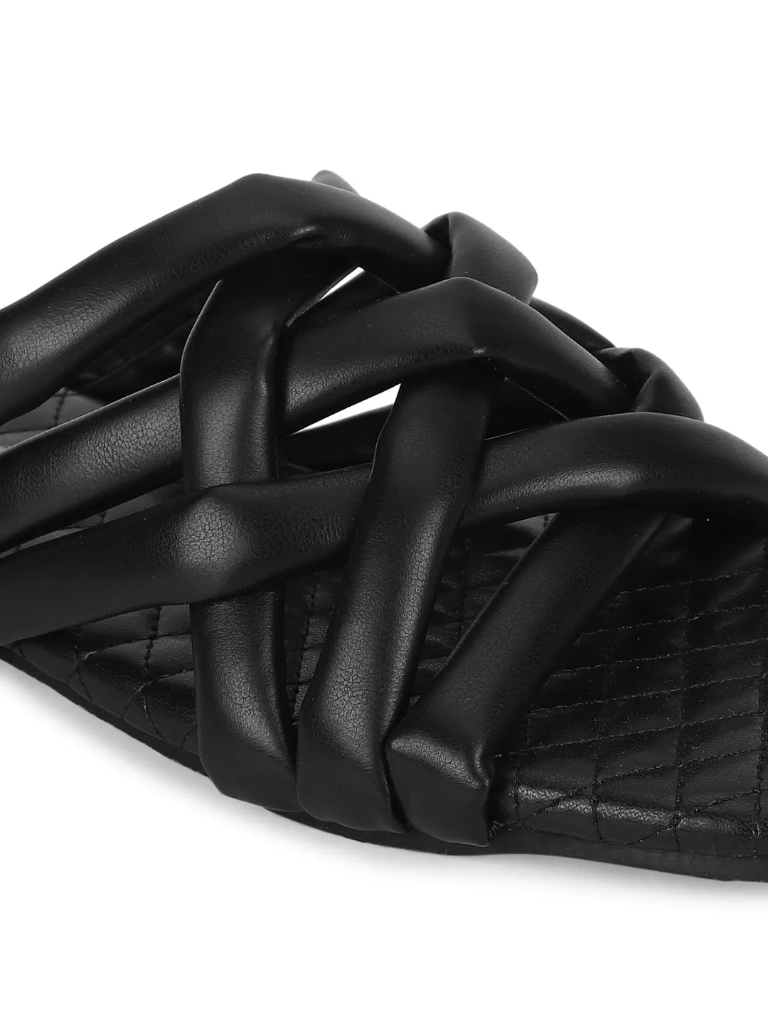 Schwarze PU-Slipper mit Riemchen und gesteppter Sohle (TC-ST-1213-BLK)