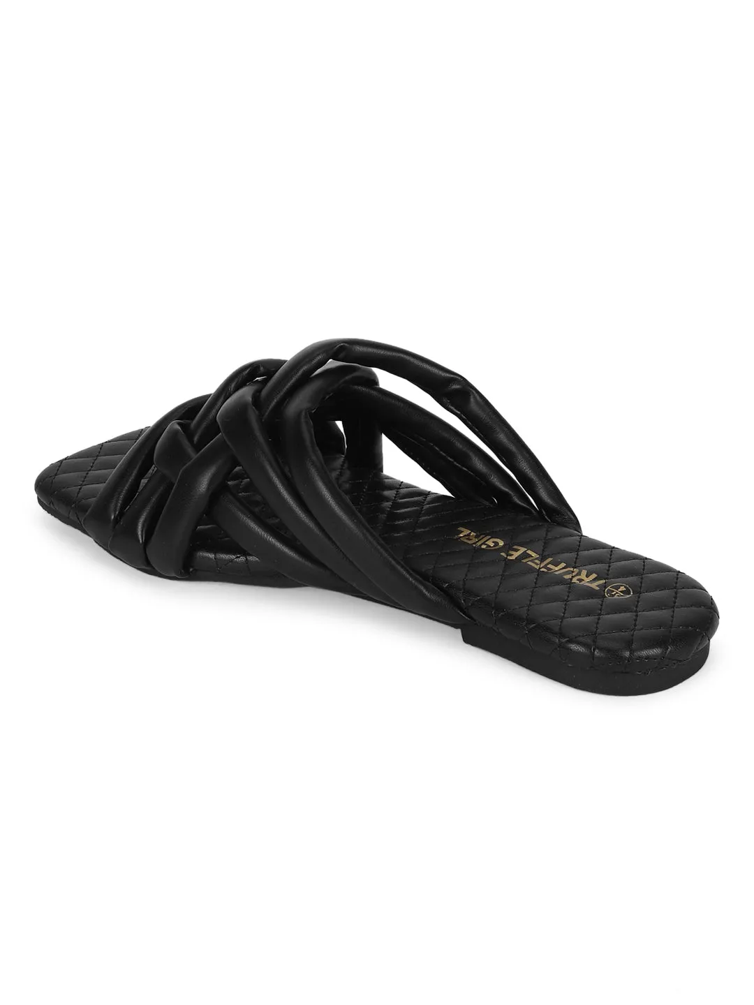 Schwarze PU-Slipper mit Riemchen und gesteppter Sohle (TC-ST-1213-BLK)