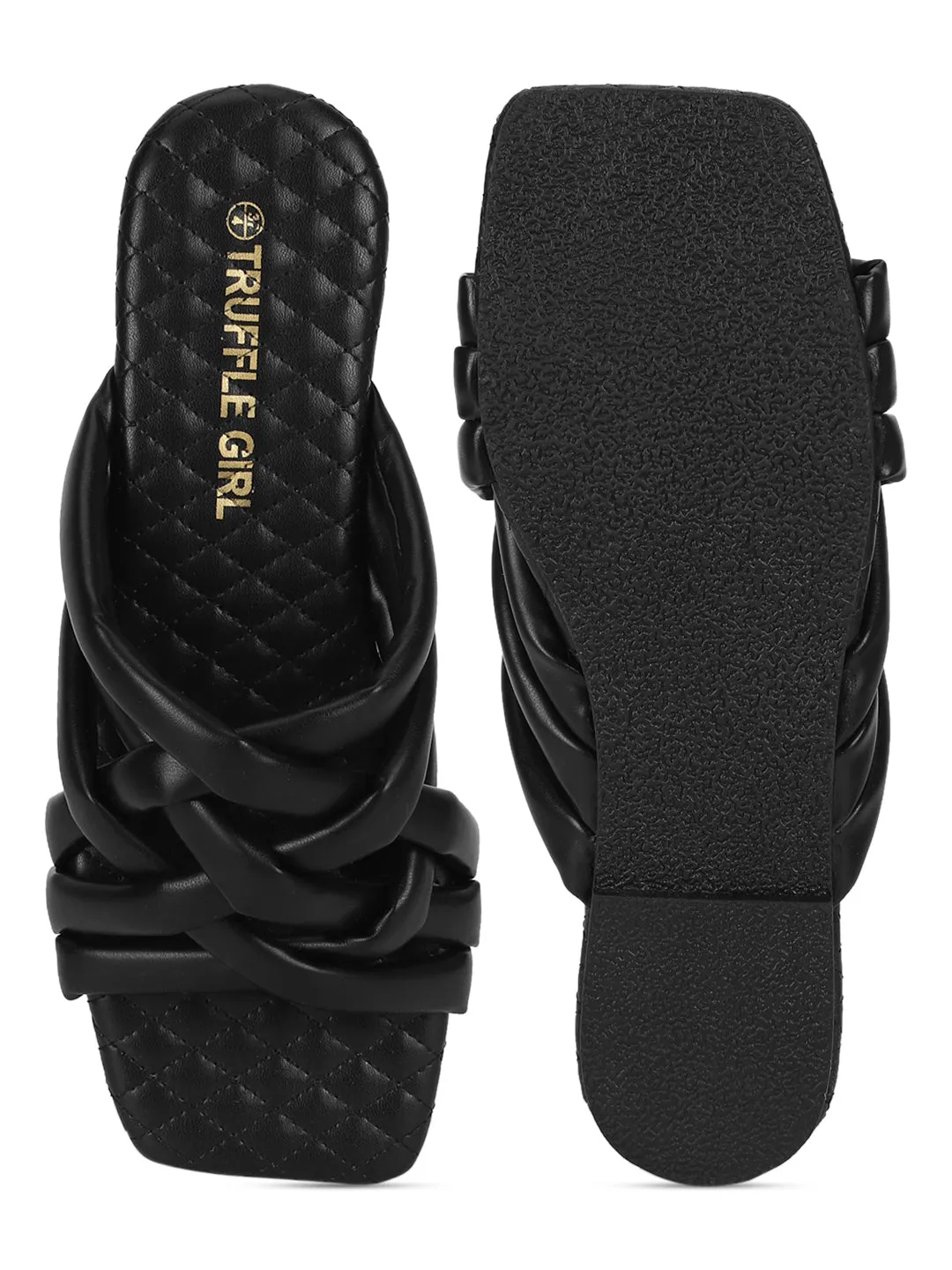 Schwarze PU-Slipper mit Riemchen und gesteppter Sohle (TC-ST-1213-BLK)