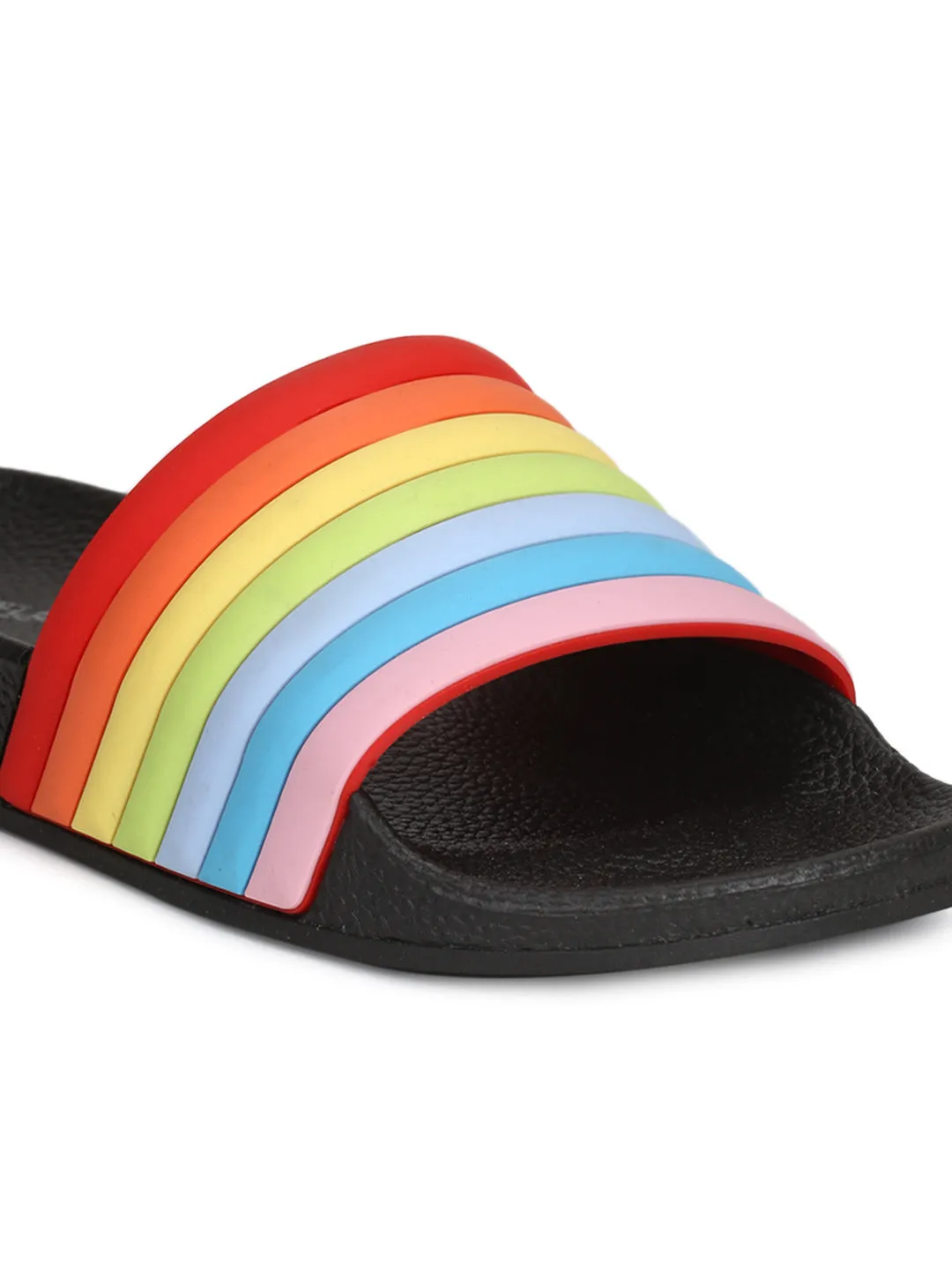 Schwarze PVC-Regenbogen-Riemchen-Slip-On-Flats