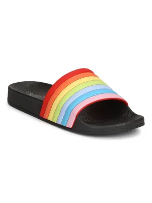 Schwarze PVC-Regenbogen-Riemchen-Slip-On-Flats