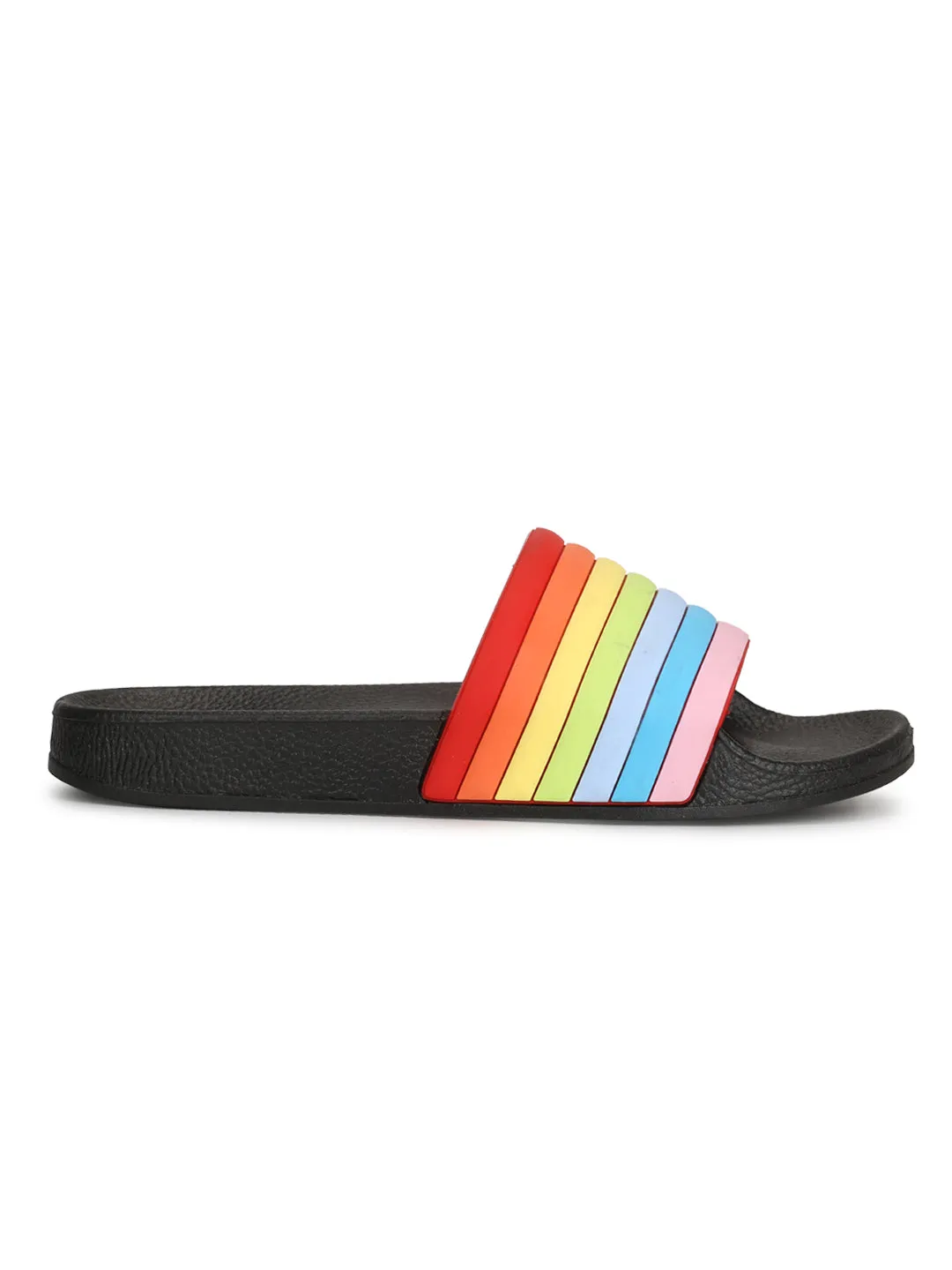 Schwarze PVC-Regenbogen-Riemchen-Slip-On-Flats