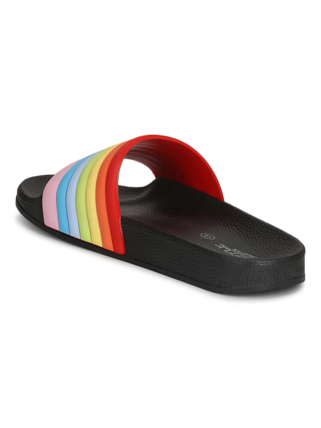 Schwarze PVC-Regenbogen-Riemchen-Slip-On-Flats