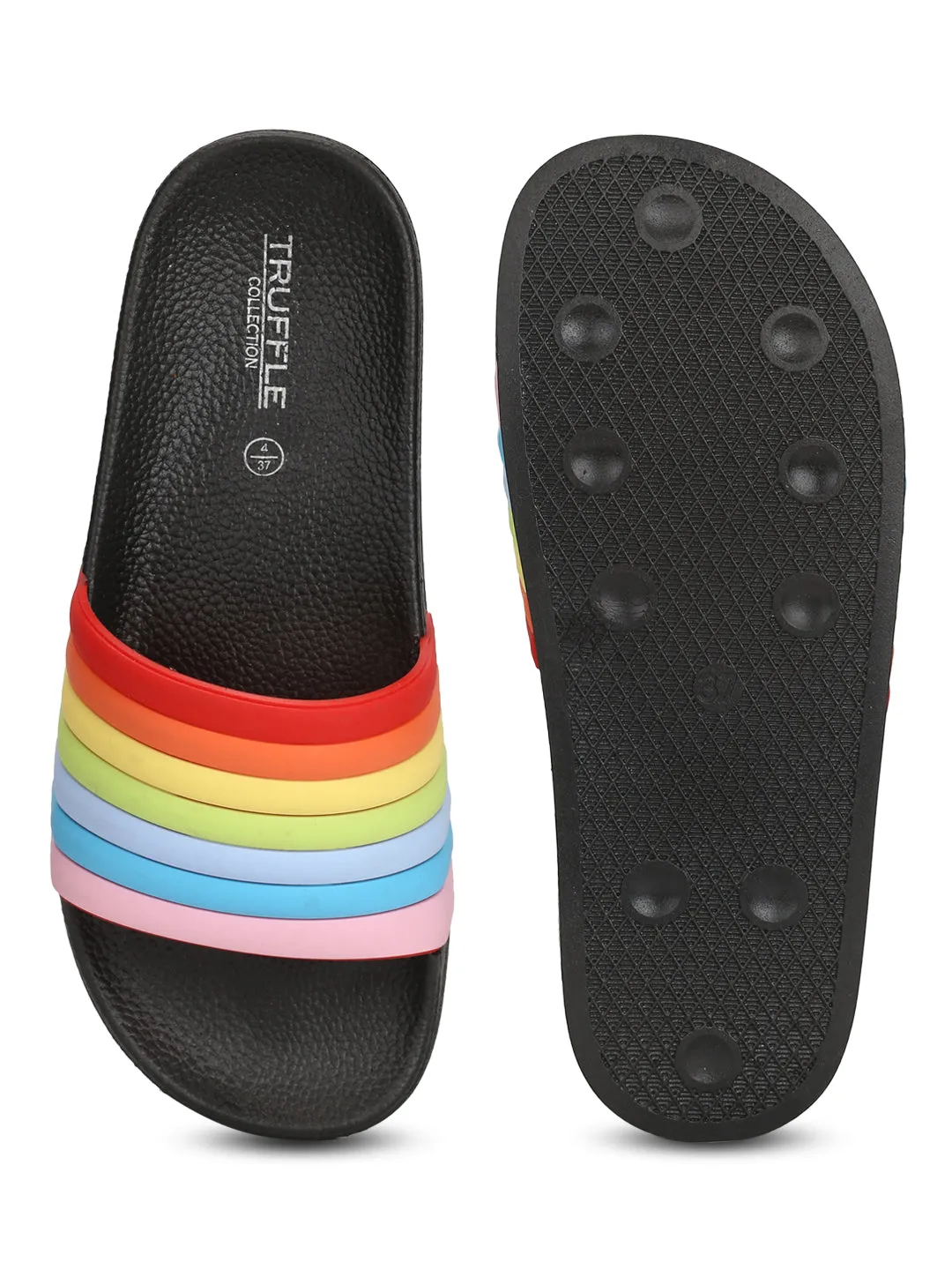 Schwarze PVC-Regenbogen-Riemchen-Slip-On-Flats