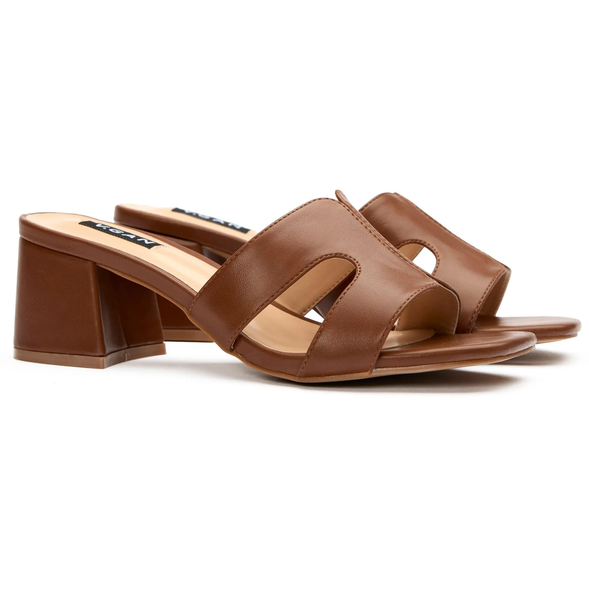 Bok Damen-Vegane-Leder-Mule-Absatz-Sandalen | Hellbraun