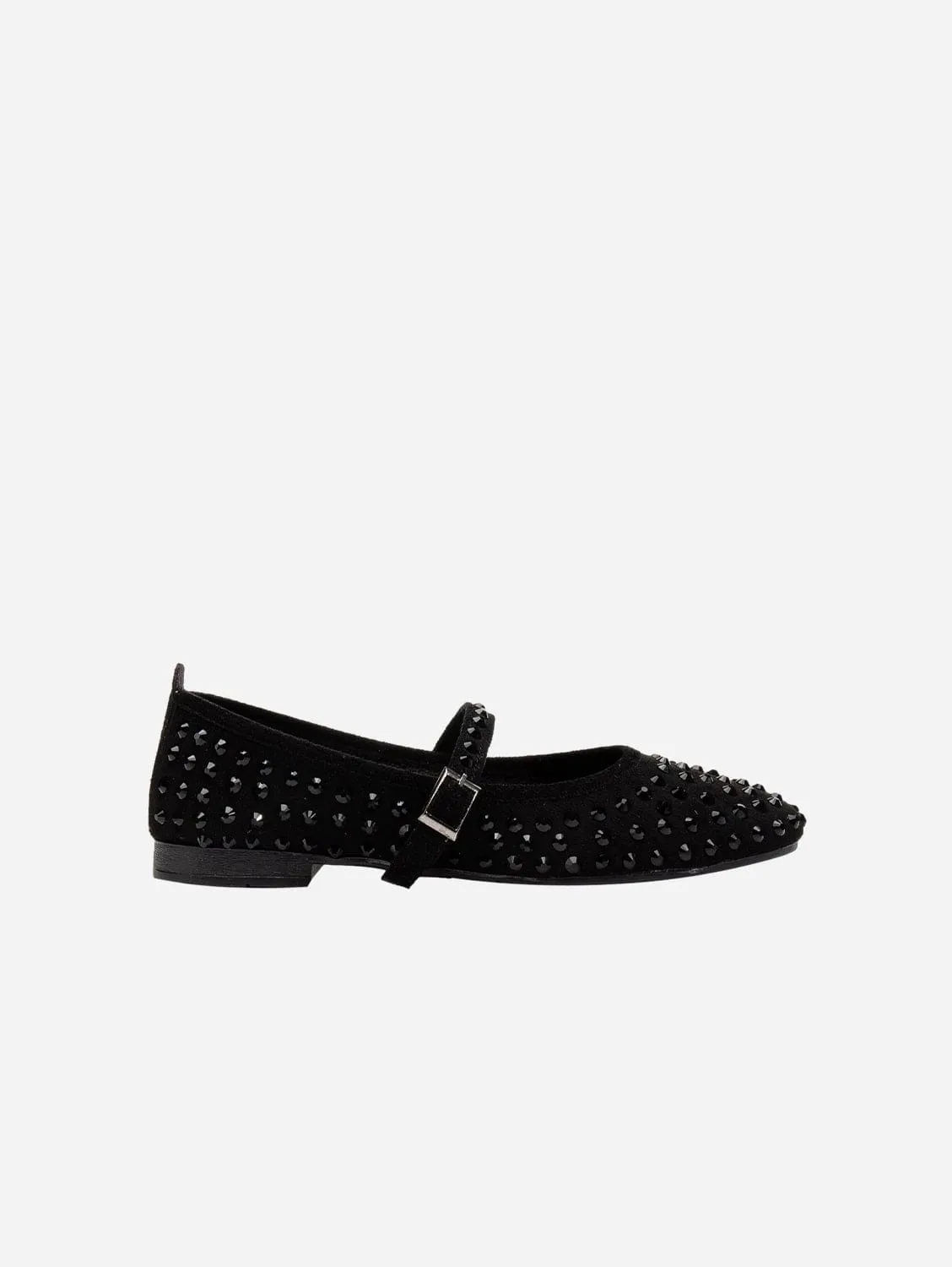 Emilie Vegan Wildleder Mary Jane Flats | Schwarz mit Kristallbesatz