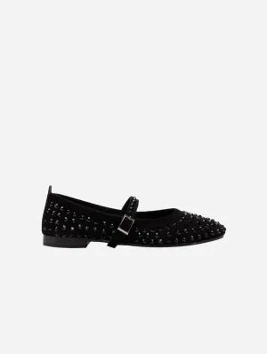 Emilie Vegan Wildleder Mary Jane Flats | Schwarz mit Kristallbesatz