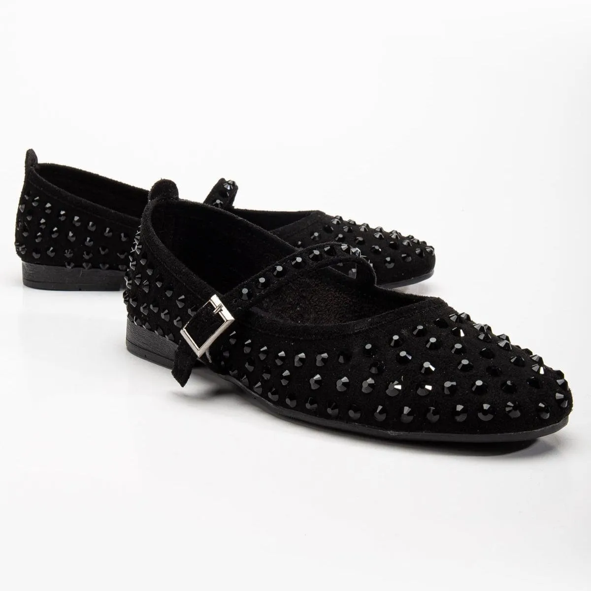 Emilie Vegan Wildleder Mary Jane Flats | Schwarz mit Kristallbesatz