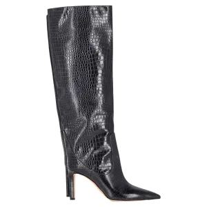 Jimmy Choo Crocodile Embossed Mavis 85 Tall Boots in Black Calfskin Leather Shoes_Jimmy-Choo