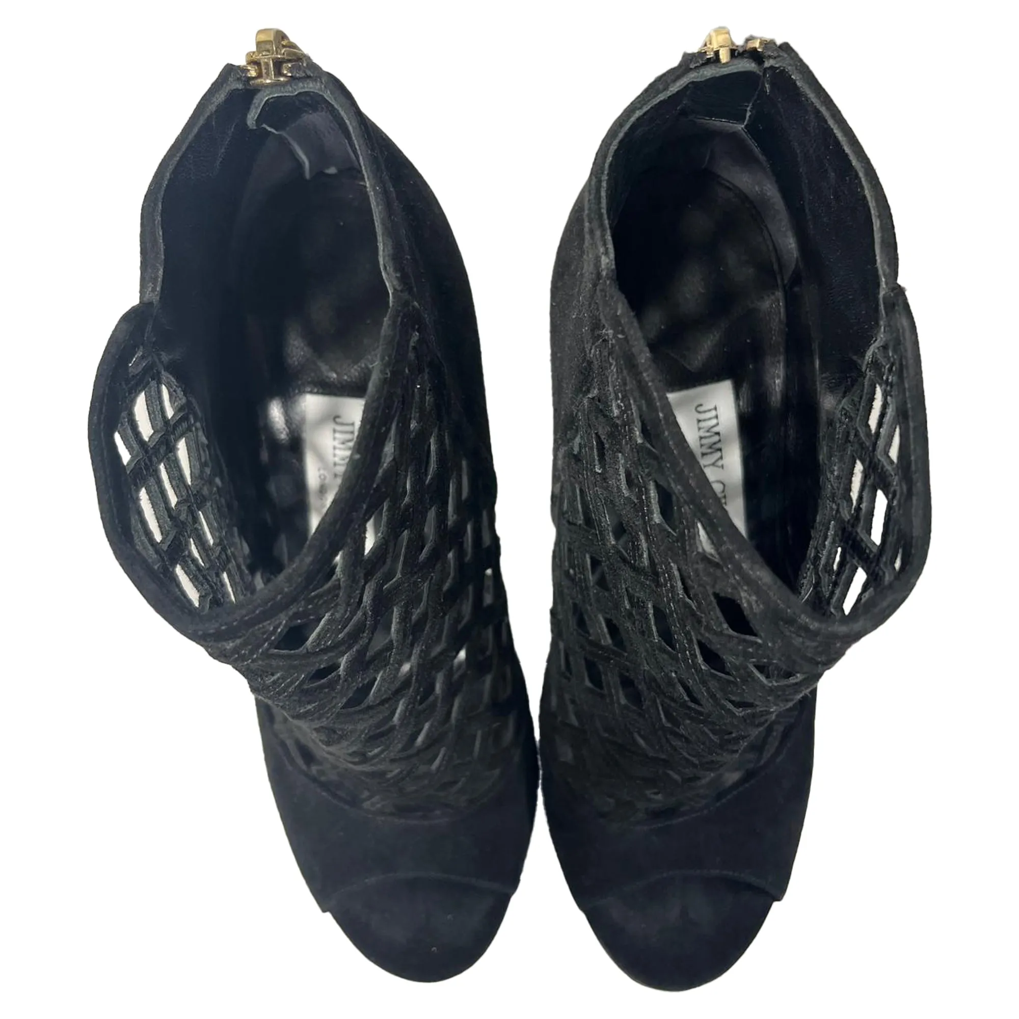 Jimmy Choo Laser-Cut-Peep-Toe-Stiefel in schwarzem Wildleder Schuhe_Jimmy-Choo