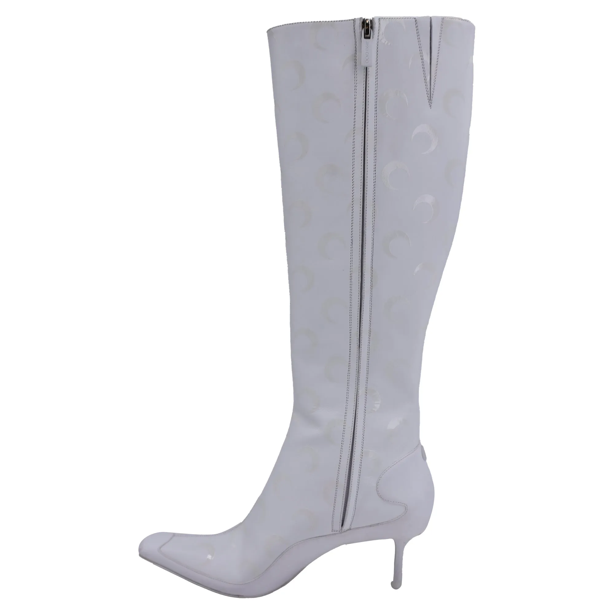 Jimmy Choo x Marine Serre Halbmond-Print Stiefel in Weißem Leder_Jimmy-Choo