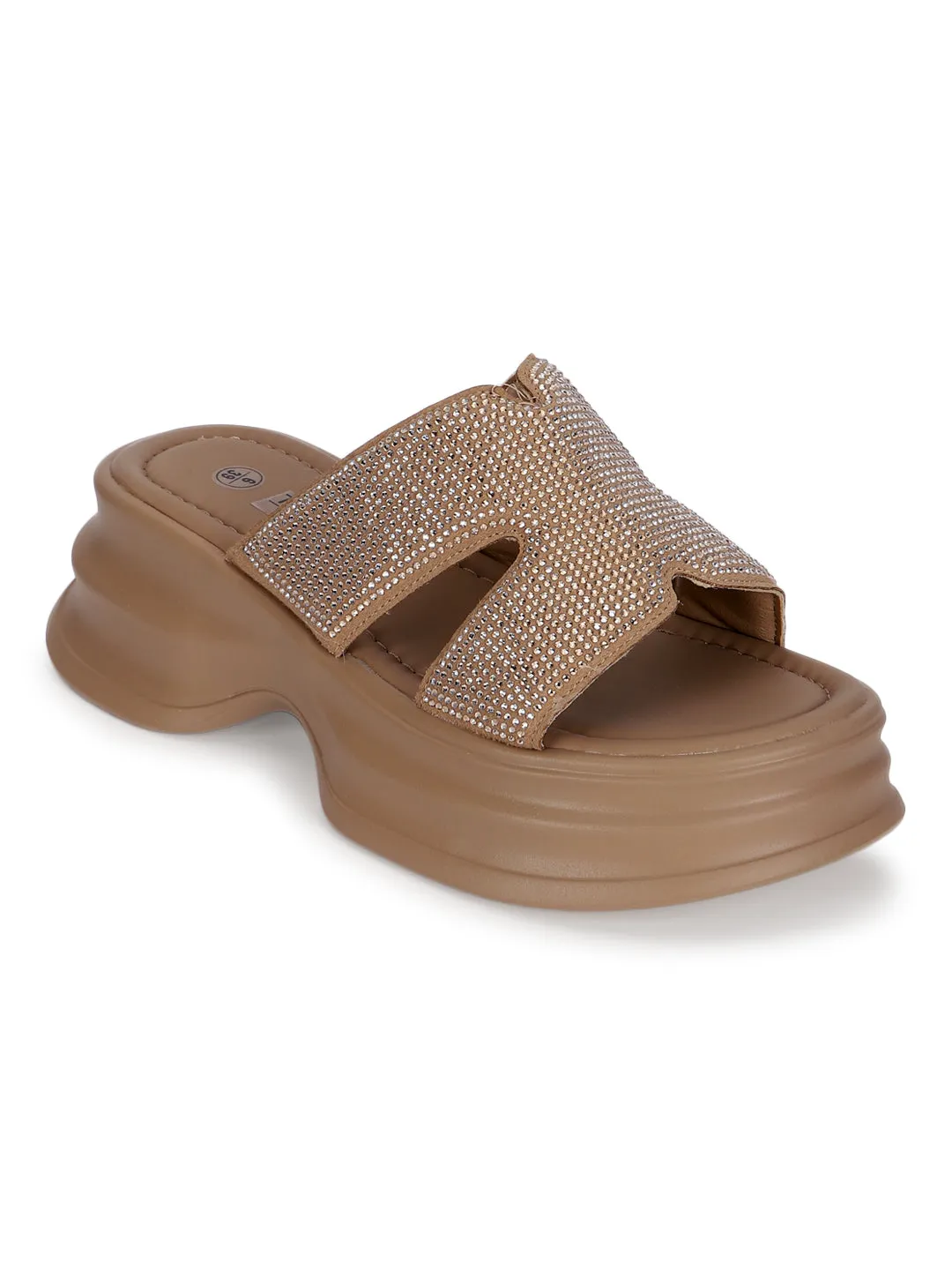 Khaki PU Diamante Stilvolle Schlupf-Slipper (TC-RS3638-KHA)