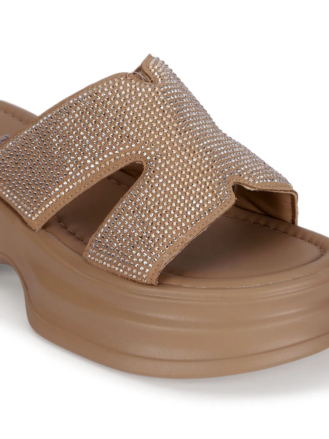 Khaki PU Diamante Stilvolle Schlupf-Slipper (TC-RS3638-KHA)