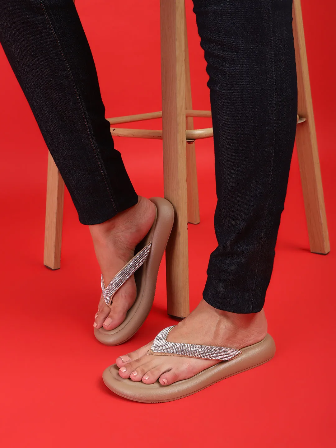 Khaki PU Verzierte T-Riemchen Stylische Flats (TC-RS3639-KHA)