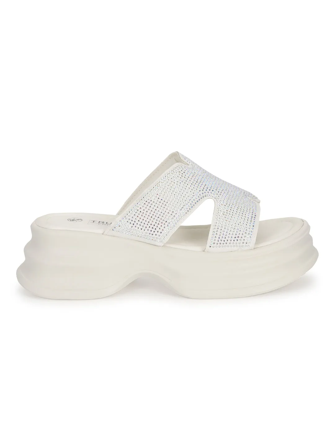 Off White PU Diamonte Stilvolle Schlupf-Slipper (TC-RS3638-OWHT)
