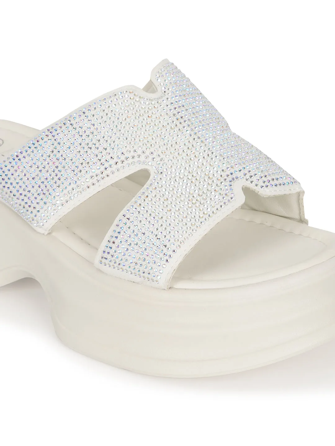 Off White PU Diamonte Stilvolle Schlupf-Slipper (TC-RS3638-OWHT)