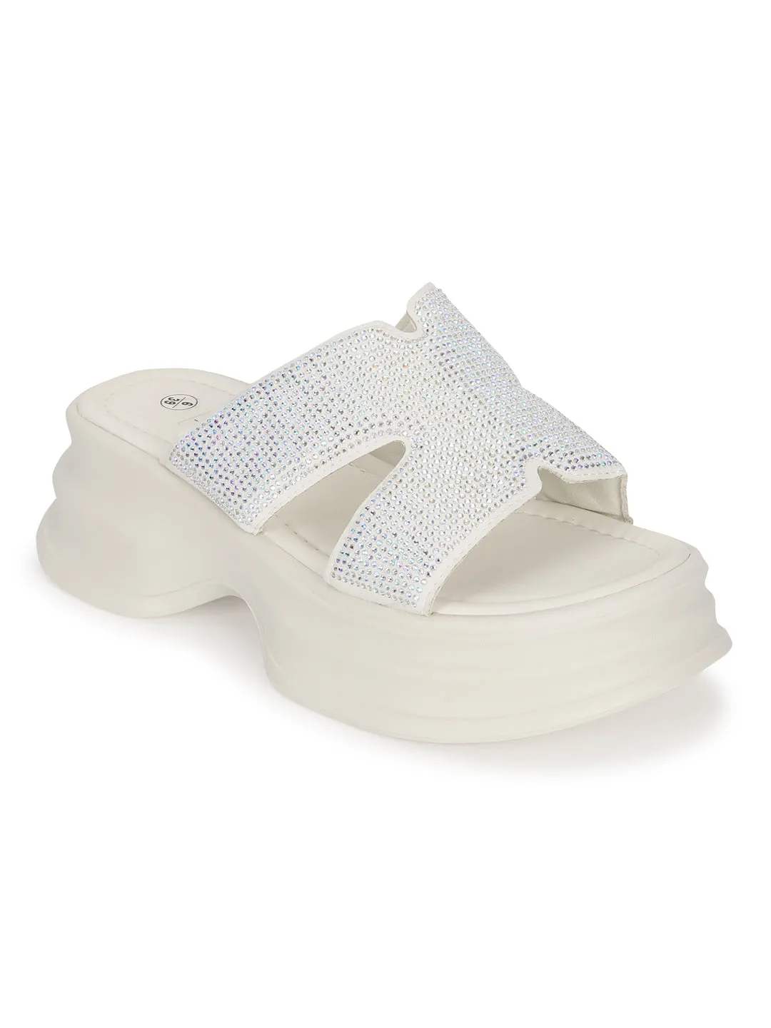 Off White PU Diamonte Stilvolle Schlupf-Slipper (TC-RS3638-OWHT)