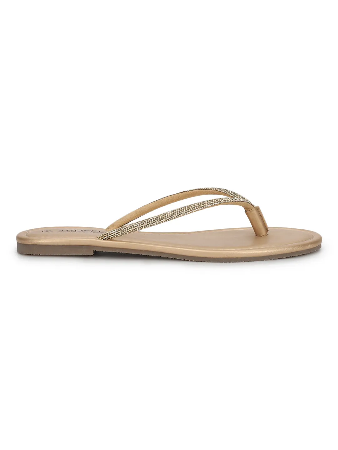 Blassgoldene PU-Diamanté-T-Strap-Flats (TC-100507-PGLD)