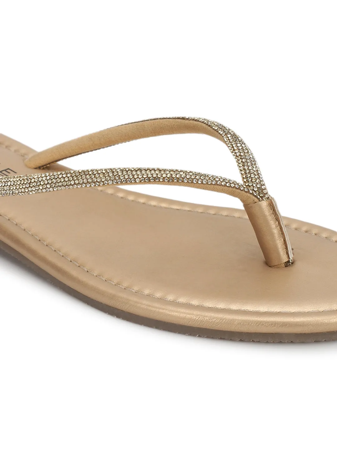 Blassgoldene PU-Diamanté-T-Strap-Flats (TC-100507-PGLD)