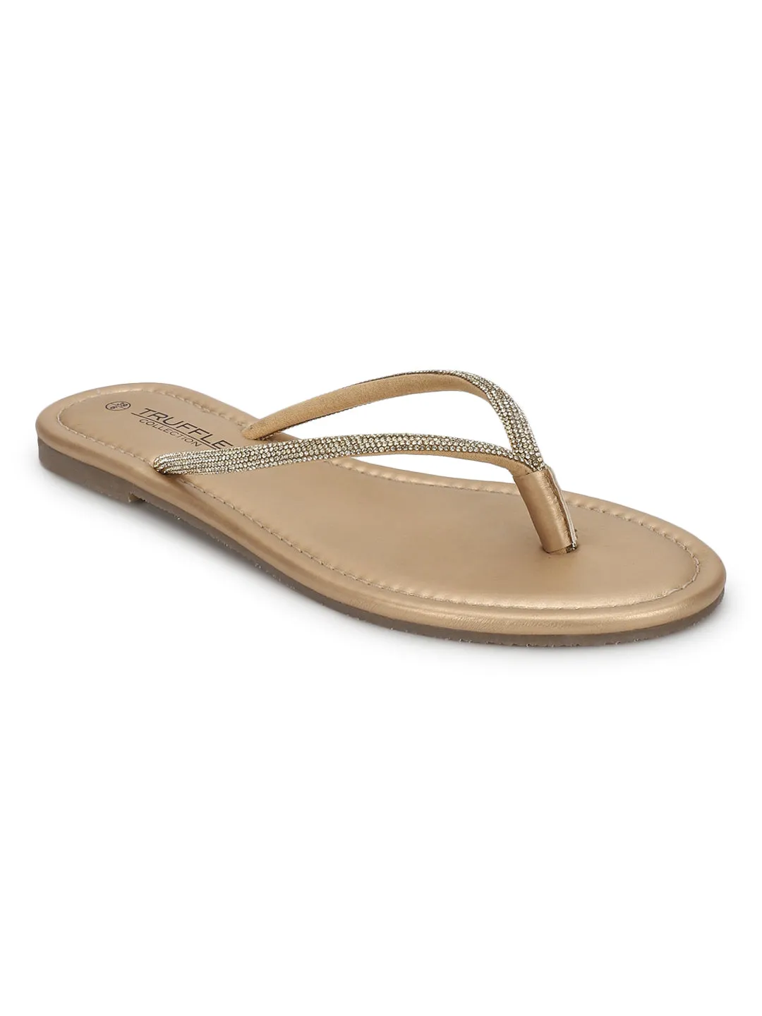 Blassgoldene PU-Diamanté-T-Strap-Flats (TC-100507-PGLD)