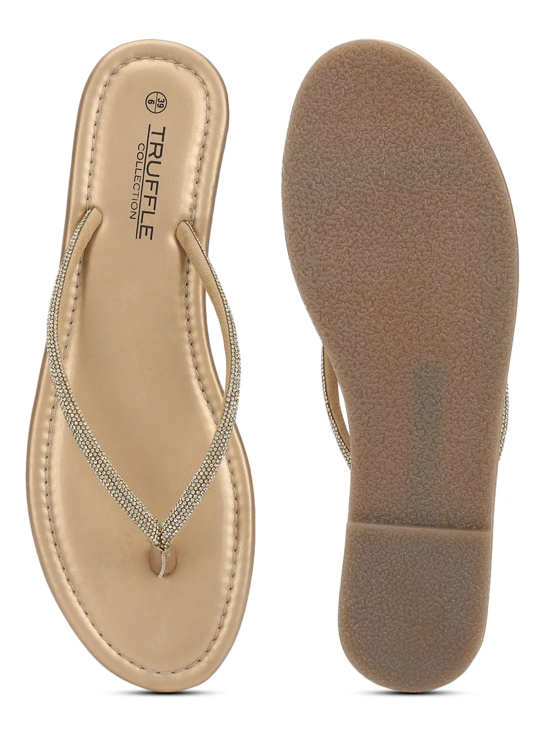 Blassgoldene PU-Diamanté-T-Strap-Flats (TC-100507-PGLD)