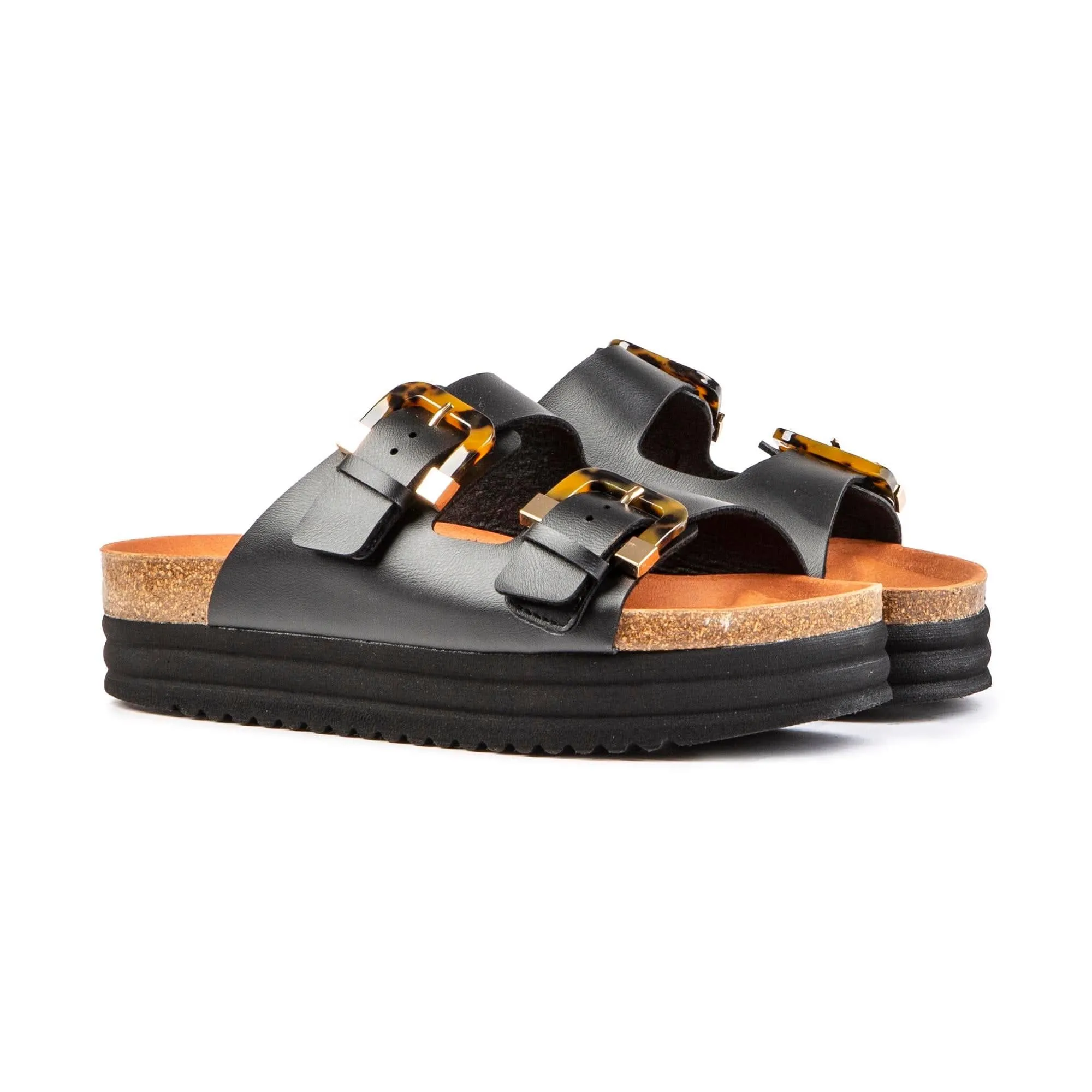 Plum Damen-Vegan-Fußbett-Sandalen | Schwarz Schildpatt