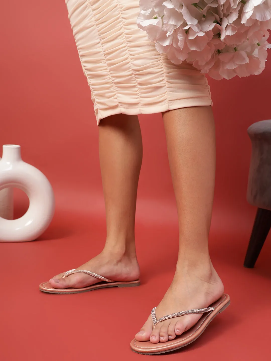 Roségold PU-Diamanté T-Riemchen Ballerinas (TC-100507-RGLD)