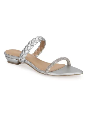 Silberne PU-geflochtene Spitzenschuhe (TC-SLC-SF51-SIL)