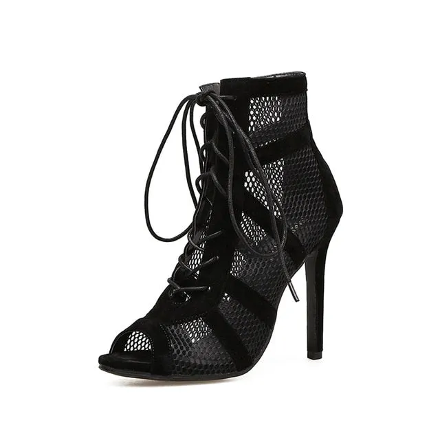 Sommer Peeptoe Knöchel Sandalen Stiefel Dünne High Heels Damen Mesh Durchbrochene Damen Pumps Kreuzgebundene Damen Gladiatoren Schuhe Sexy Sandalen Mode Nova Schuhe