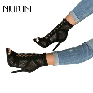 Sommer Peeptoe Knöchel Sandalen Stiefel Dünne High Heels Damen Mesh Durchbrochene Damen Pumps Kreuzgebundene Damen Gladiatoren Schuhe Sexy Sandalen Mode Nova Schuhe