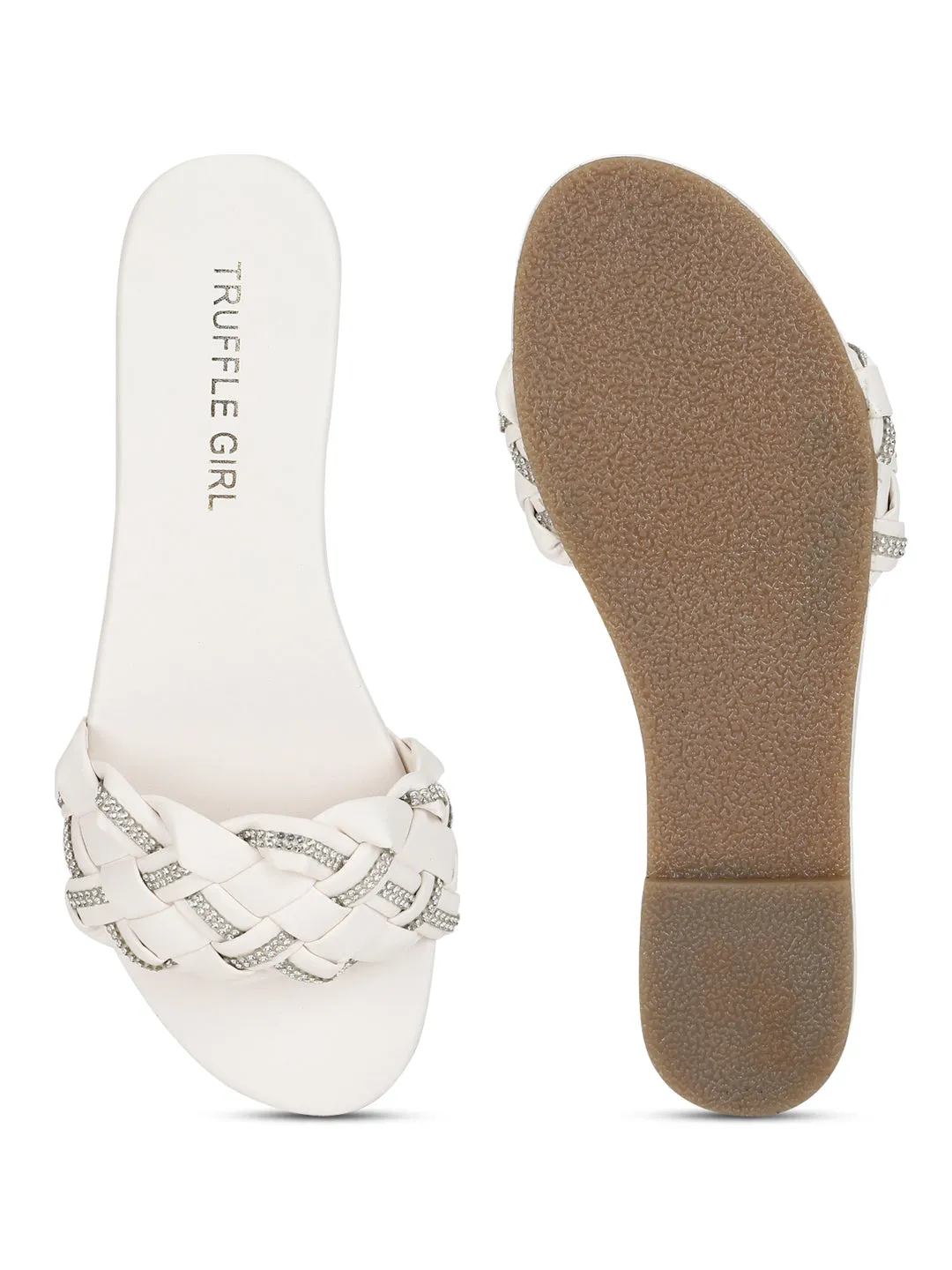 Weiße PU geflochtene Diamant-Slip-Ons (TC-ST-1215-WHT)