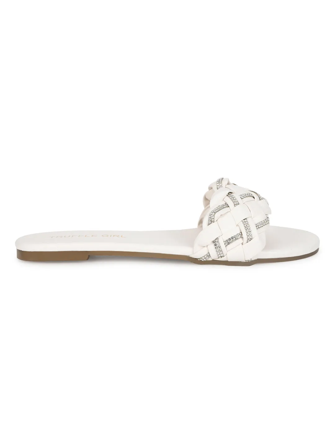 Weiße PU geflochtene Diamant-Slip-Ons (TC-ST-1215-WHT)