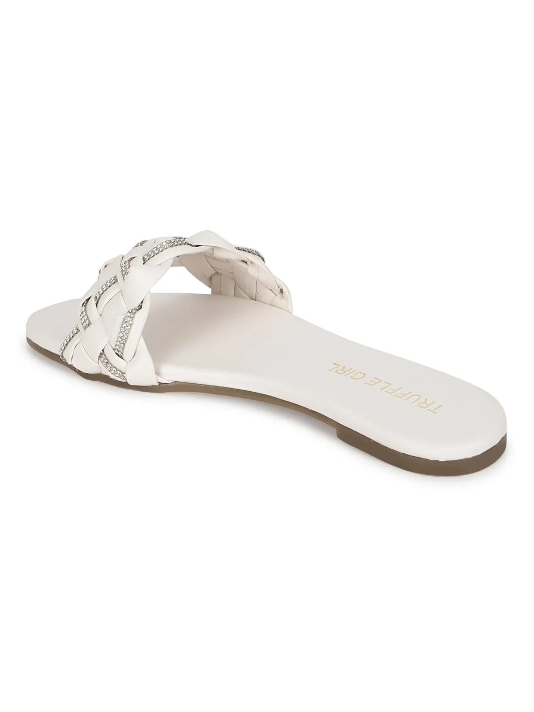 Weiße PU geflochtene Diamant-Slip-Ons (TC-ST-1215-WHT)