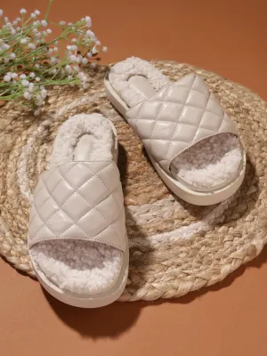 Weiße PU Kunstpelz Stepp-Slip-Ons (TC-RLST7-WHT)