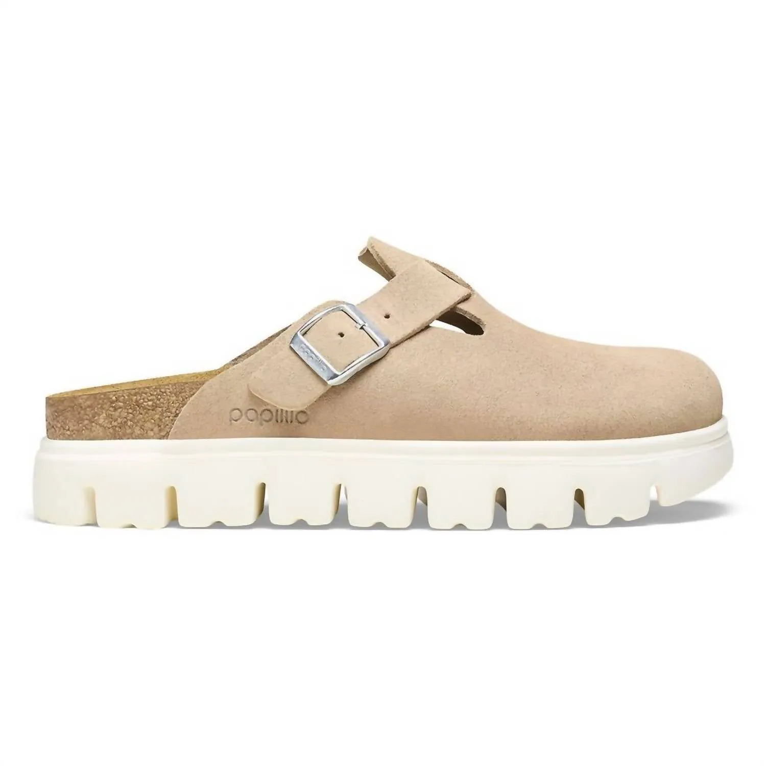 Damen Boston Chunky Suede Leder Clogs in Warmem Sand