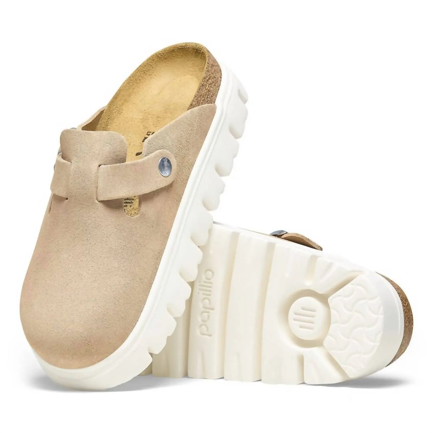 Damen Boston Chunky Suede Leder Clogs in Warmem Sand