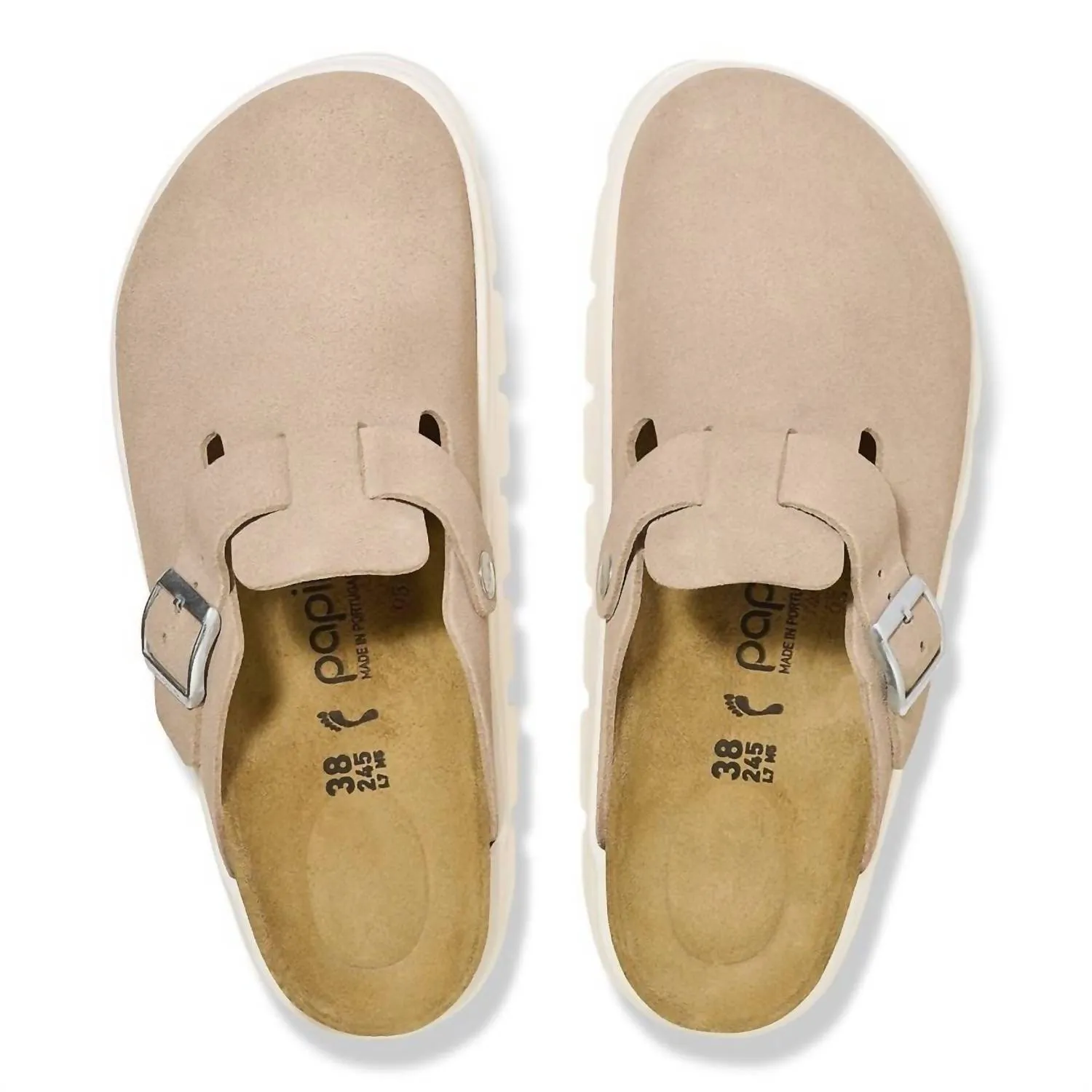 Damen Boston Chunky Suede Leder Clogs in Warmem Sand